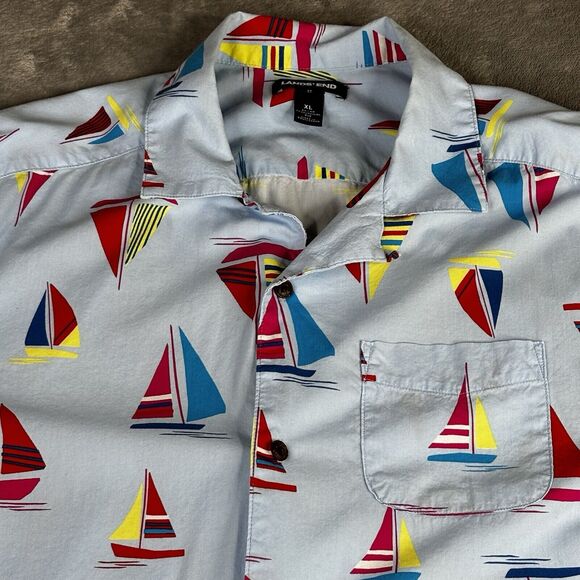 Lands End Shirt Mens XL 46-48 Sail Boats Nautical Blue‎ Button Up Short Sleeve - Picture 11 of 12